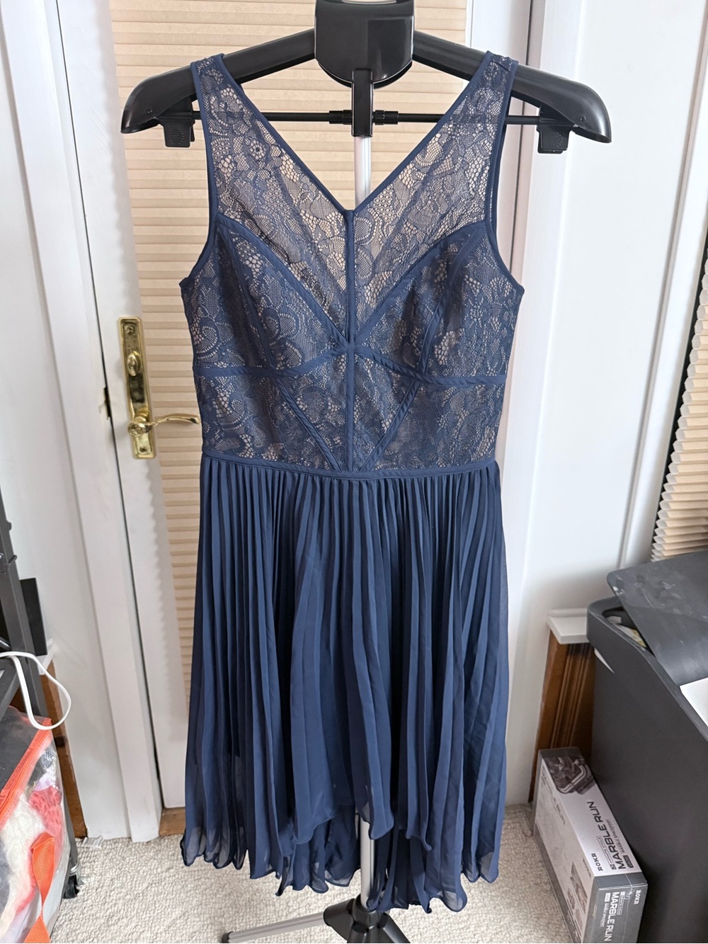 Max & Cleo Navy sheer Lace lined bodice V-Neck Pleated high low chiffon skirt